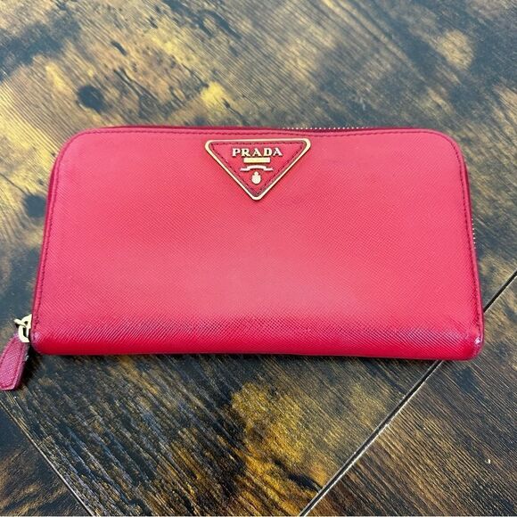 Prada Triangle Saffiano Leather Long Wallet Red W/ Certificate of Authenticity - Picture 1 of 14